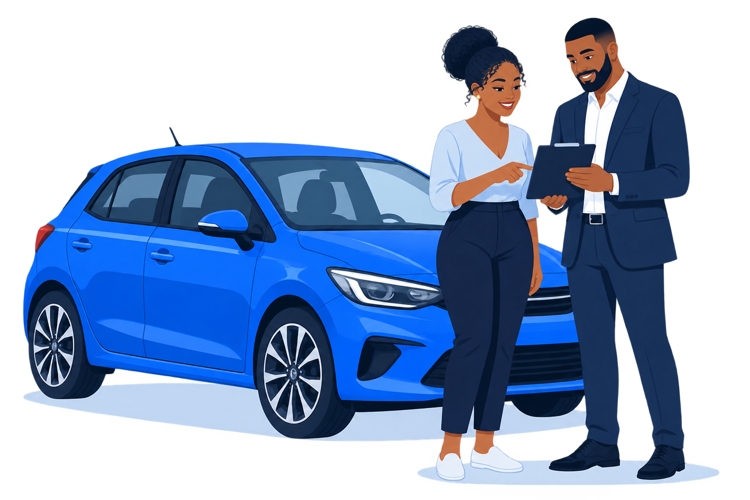 A Buyer and adviser reviewing vehicle documents beside a blue car