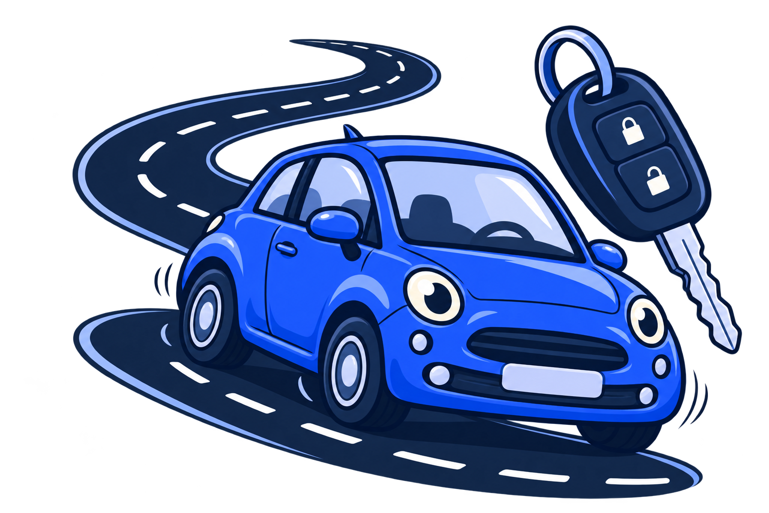 A blue cartoon car and its keys beside a winding road